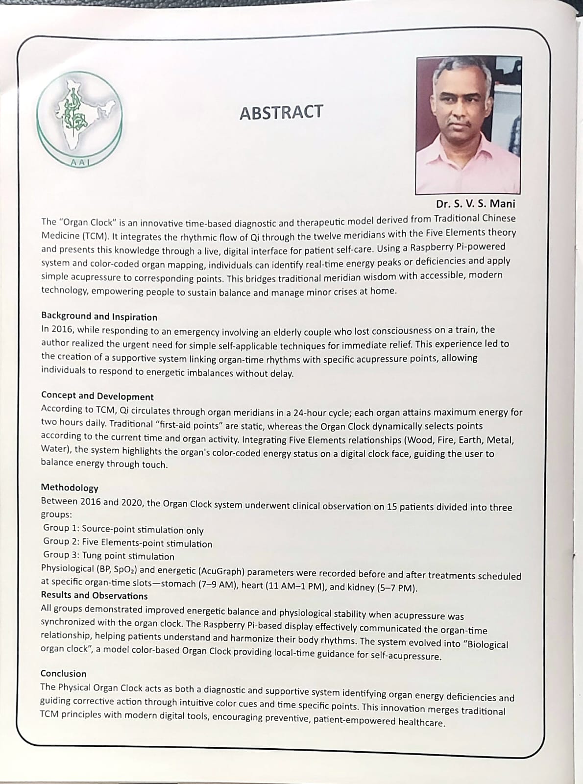 Published abstract of SVS Mani's Organ Clock research paper in the NSAAI 2025 symposium souvenir book